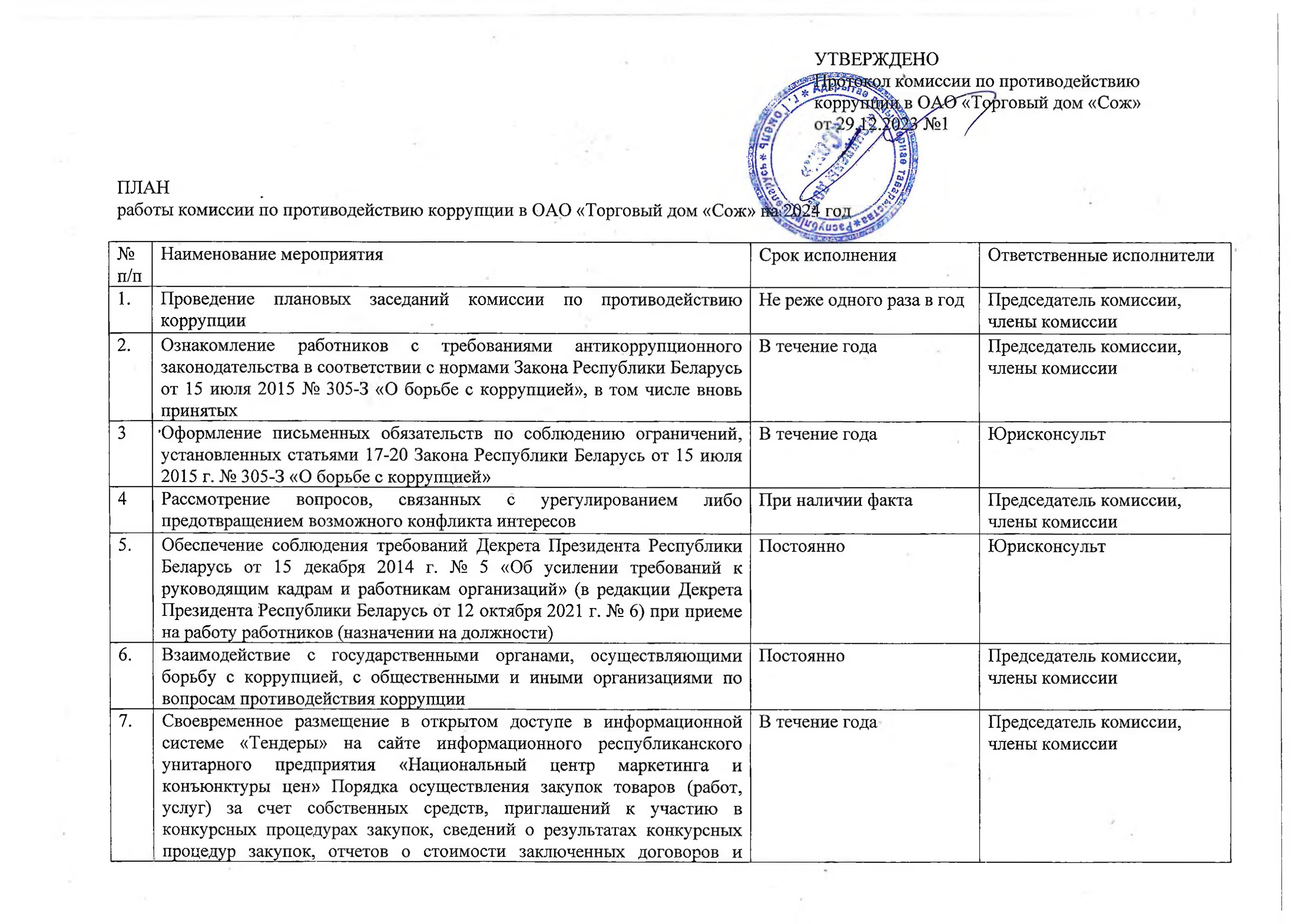 ОАО Торговый дом Сож - План работы комиссии по противодействию коррупции на 2024 год