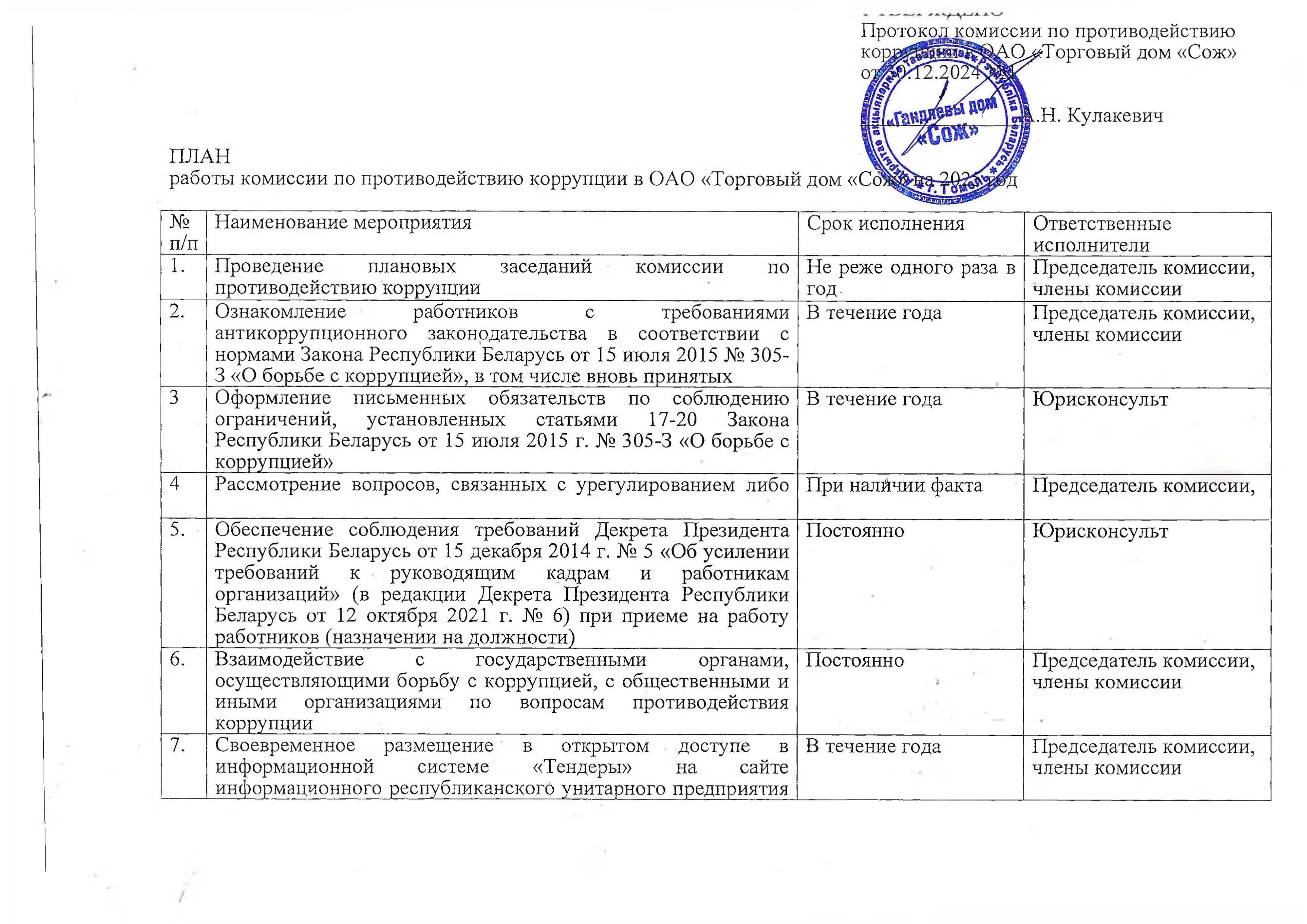 ОАО Торговый дом Сож - План работы комиссии по противодействию коррупции на 2025 год