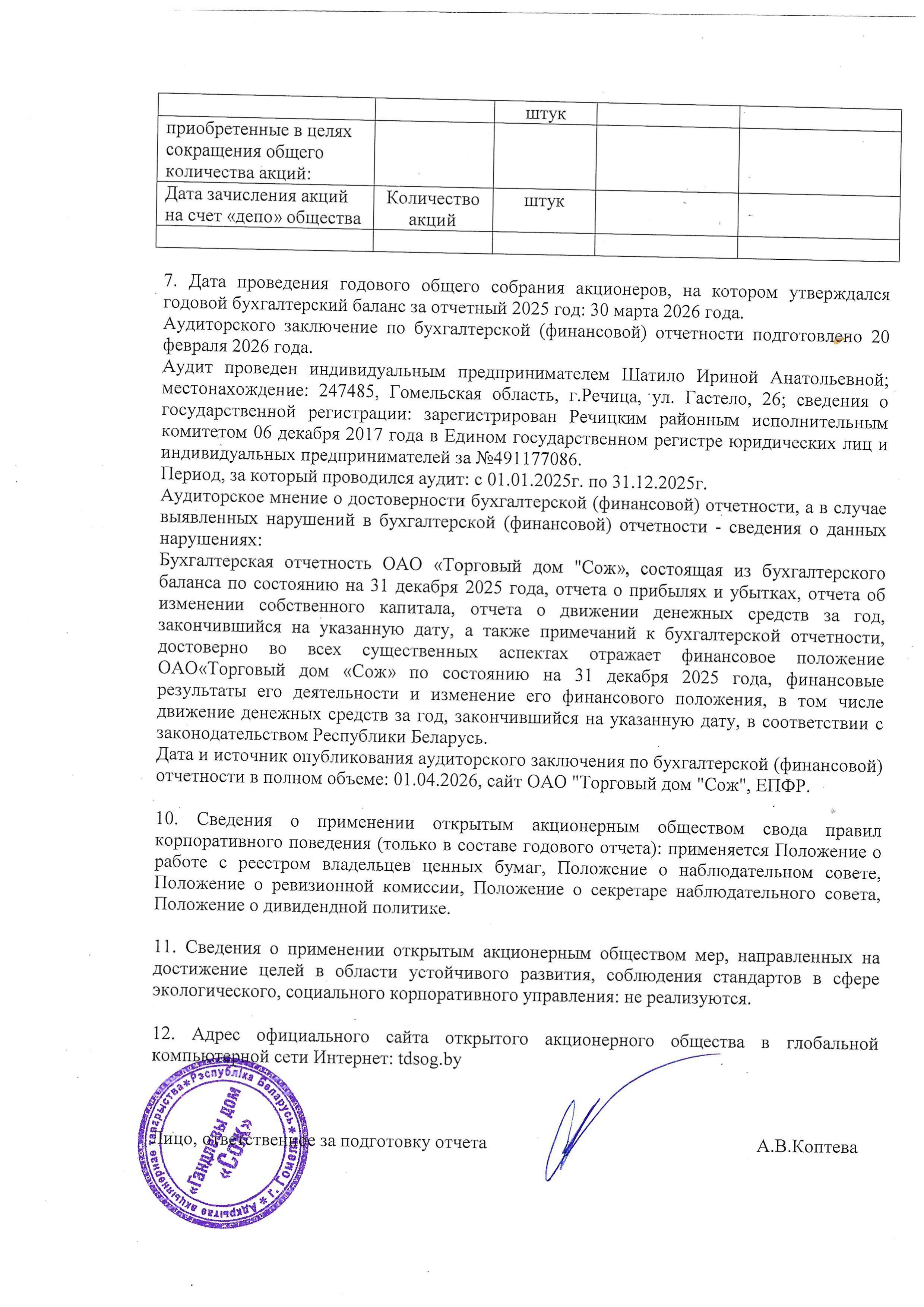ОАО Торговый дом Сож - Раскрытие годового отчета за 2025 год